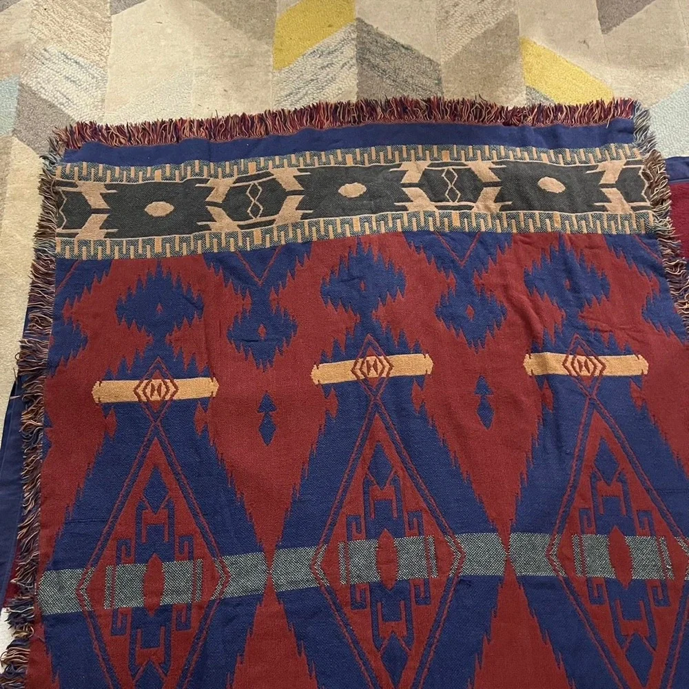 Vtg Southwestern Aztec Blanket Throw Western Ranch multicolored camp bonfire